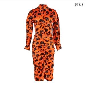 Ganni Black Floral Ruched Orange Satin Shirt Dress